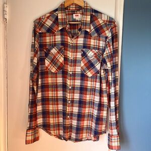 Levi's Mens plaid flannel western shirt size medium blue/rust orange/white